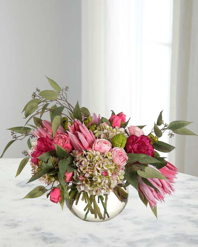 Proteas & Hydrangeas 27" Faux Floral Arrangement in a Glass Bubble